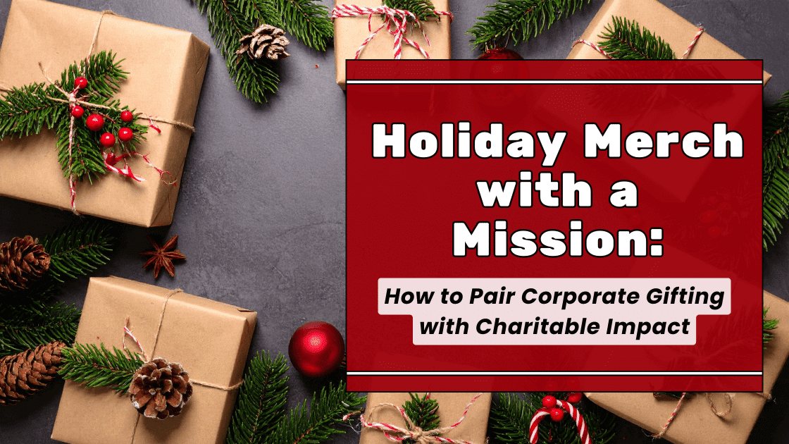 Red holiday merch sign for corporate gifting and charity