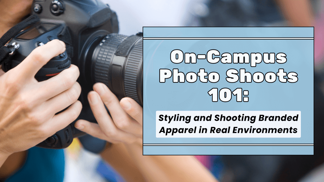 Snapshot of a person holding a camera labeled 'on campus photo shoots 101'