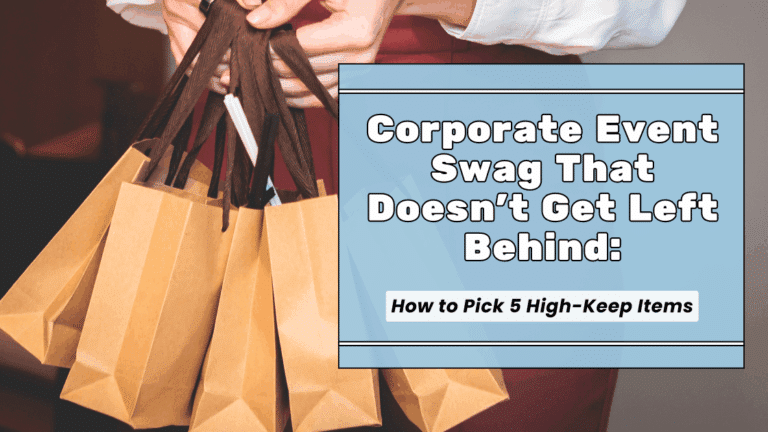 Person holding brown paper bags with corporate event swag