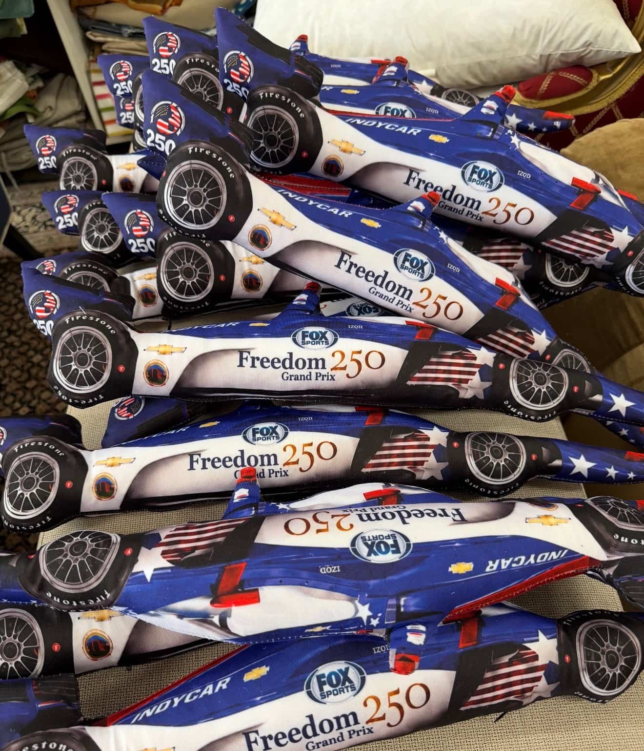 Freedom 250 Grand Prix custom race-car-shaped pillows