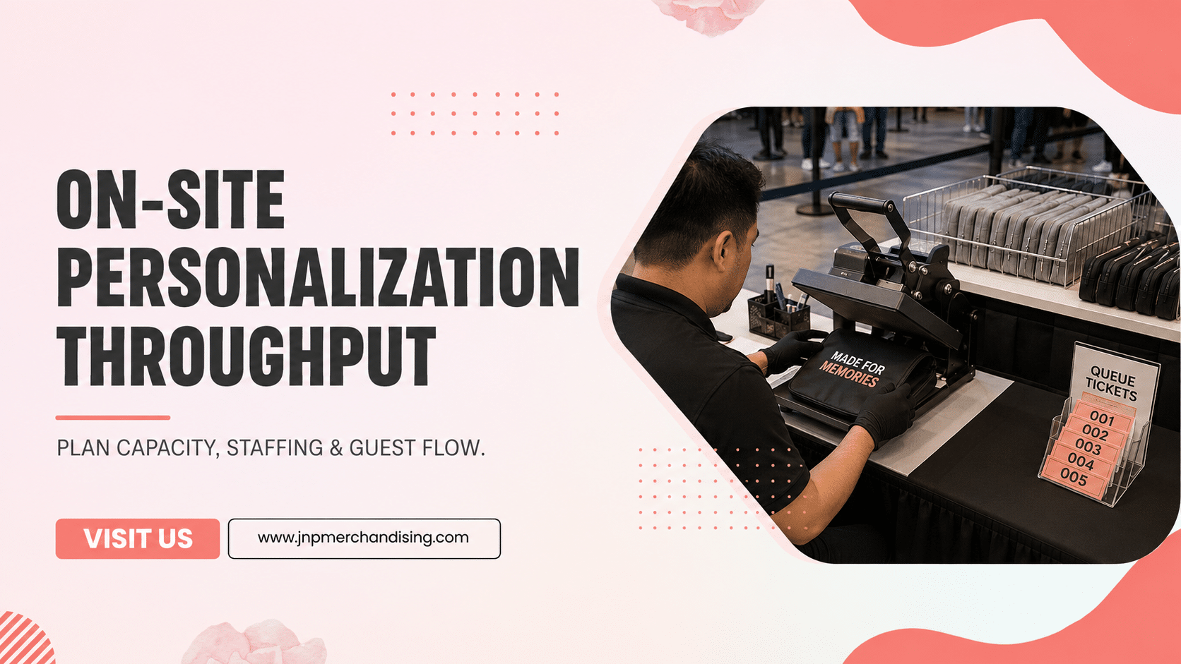 Live event operator personalizing merchandise at an organized service station