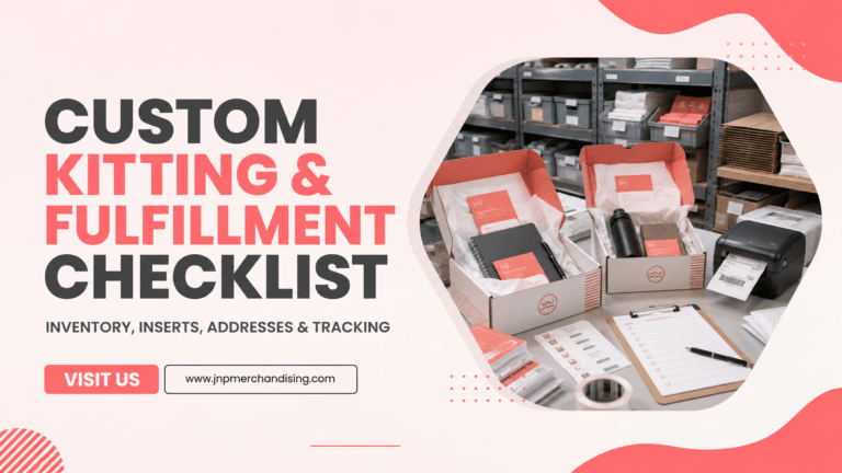 Organized custom kitting and fulfillment workspace with inventory, inserts, and shipping labels