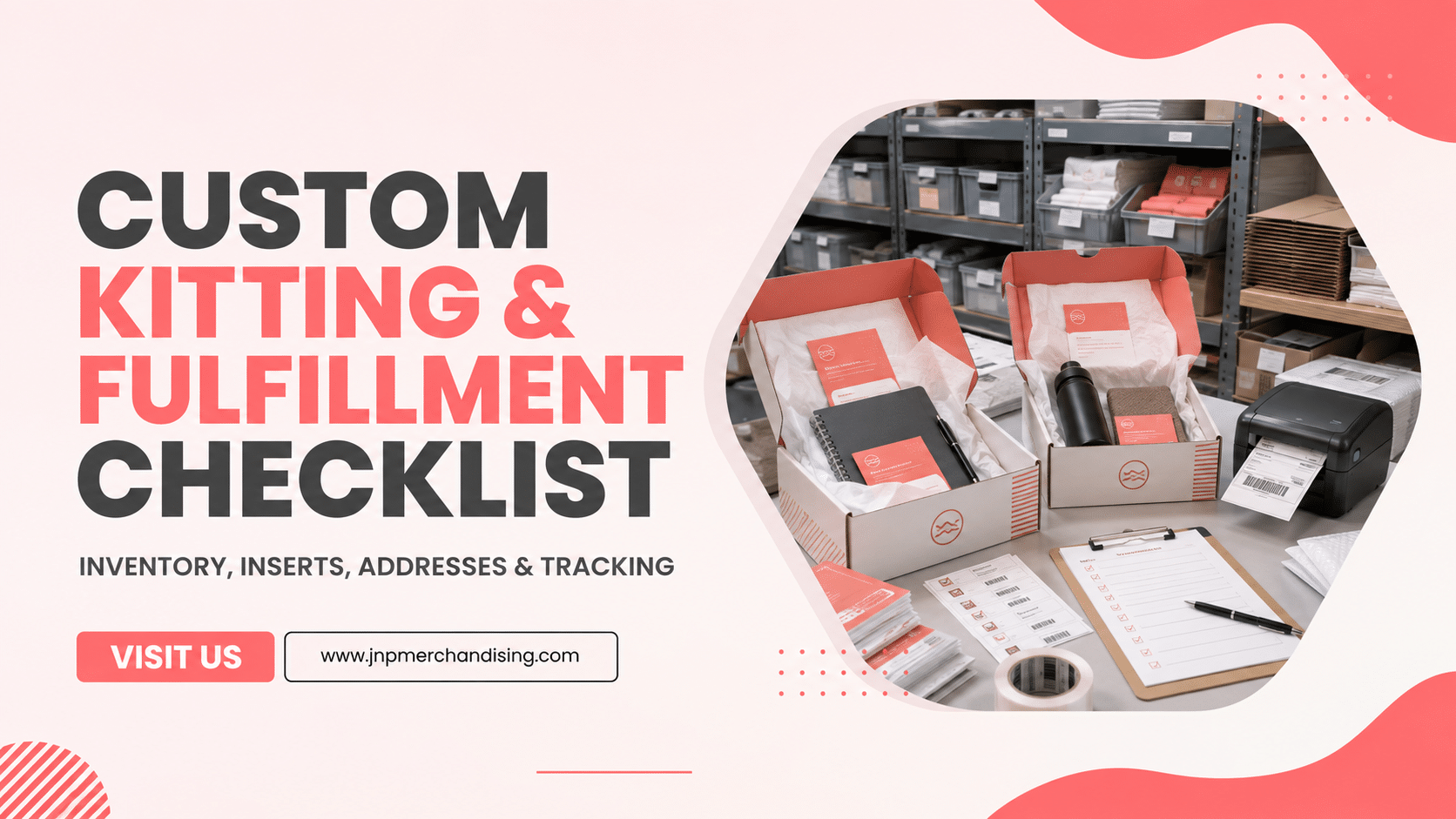 Organized custom kitting and fulfillment workspace with inventory, inserts, and shipping labels