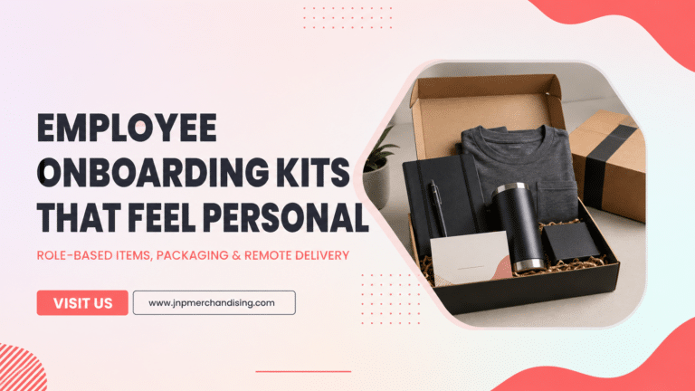 Personalized employee onboarding kit with apparel, notebook, drinkware, and welcome card