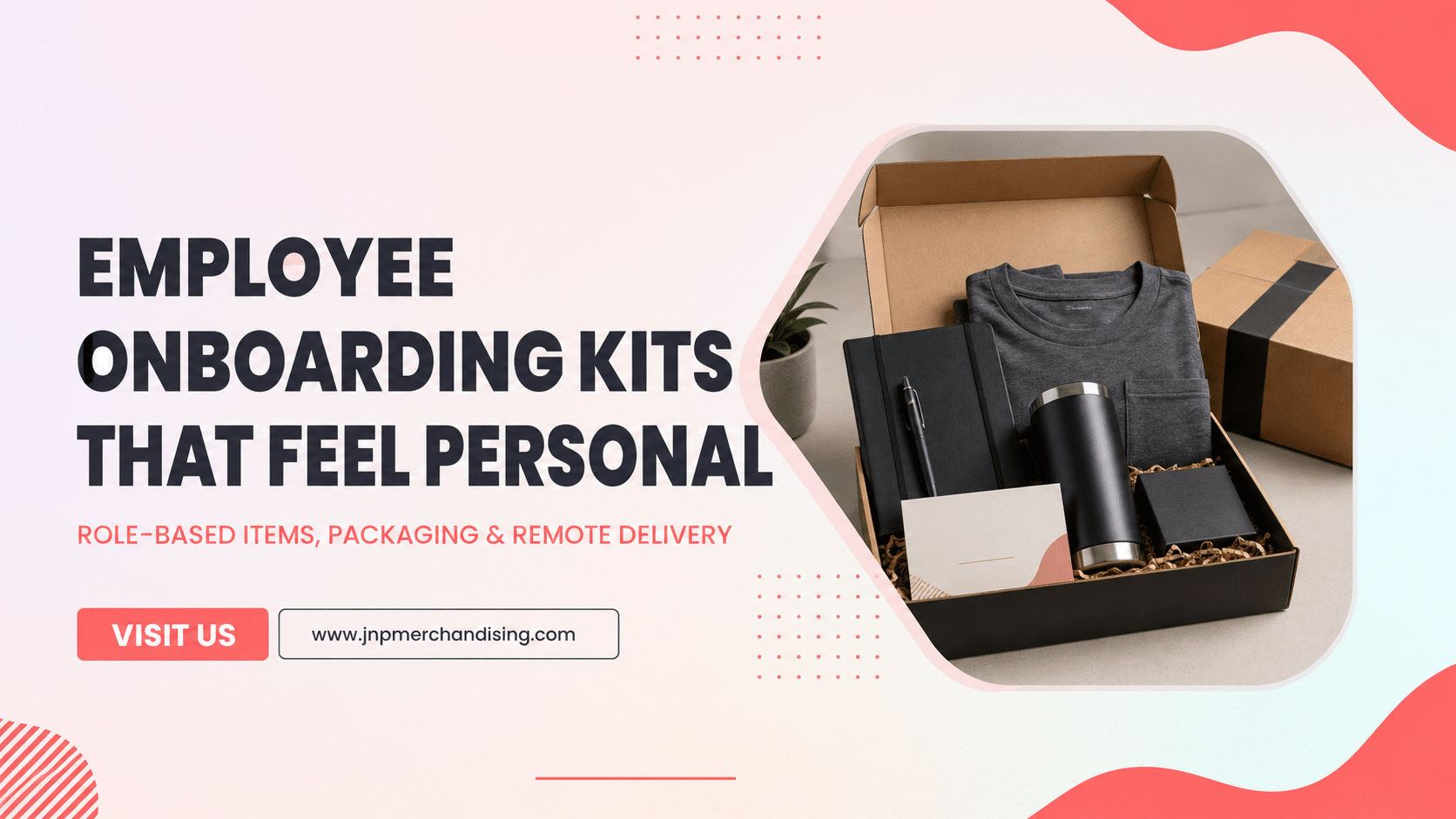 Personalized employee onboarding kit with apparel, notebook, drinkware, and welcome card