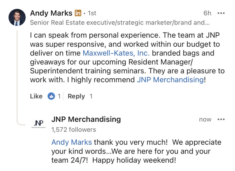 LinkedIn testimonial from Andy Marks about Maxwell-Kates branded bags and seminar giveaways supplied by JNP Merchandising